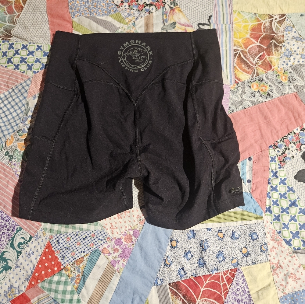 Gymshark Black Tight Legacy Shorts With Ruched Bottoms. Lg.